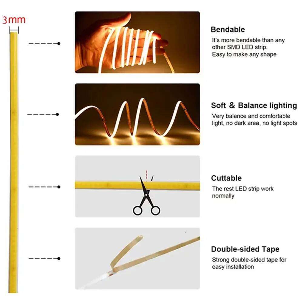 Flexible High Density Strip 3mm COB Bar LED Light Warm 3000K White 6500K for Bedroom Kitchen Home Z260206