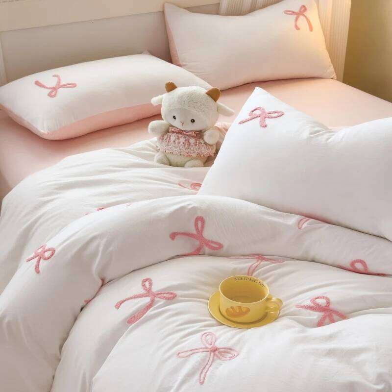 3-Piece Sheet Pink Bowknot Embroidery Duvet Cover Set, Comfortable Bedding Set Bedspread for All Seasons XJ260206