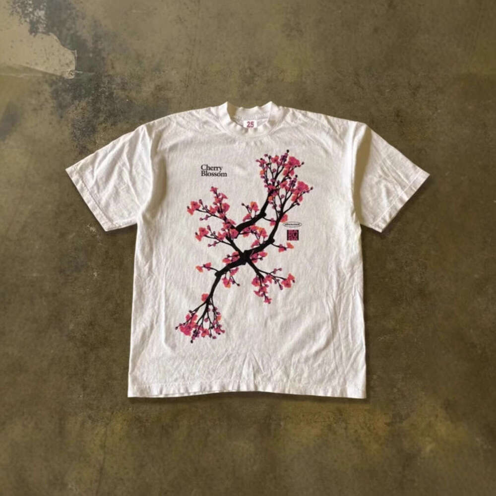 250g heavyweight pure cotton! American-style oversized peach blossom tree vintage print loose-fitting short-sleeve T-shirt for couples, women and men