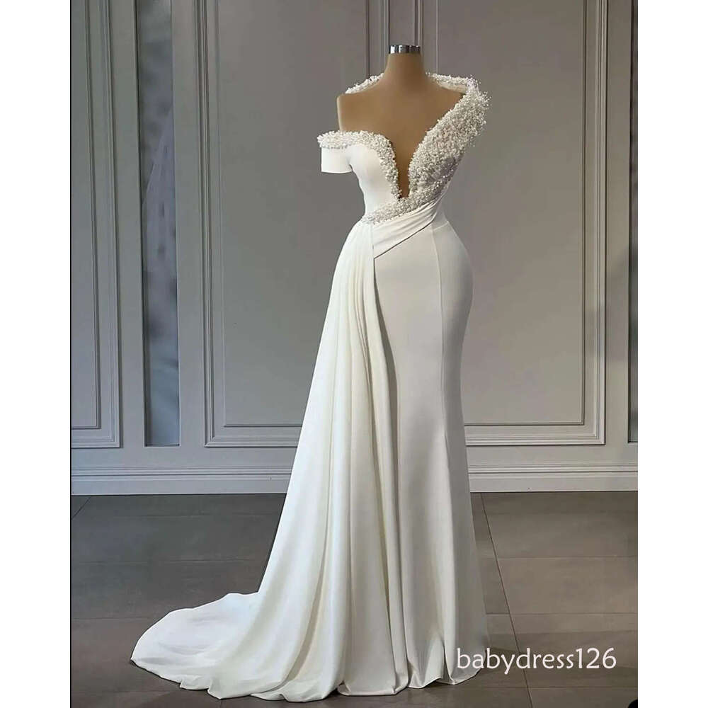 Modern Pearls Luxurious White Prom Dresses One Shoulder Sleeveless Beaded Evening Dress Custom Made Pleats Women Formal Celebrity Party Gown N14