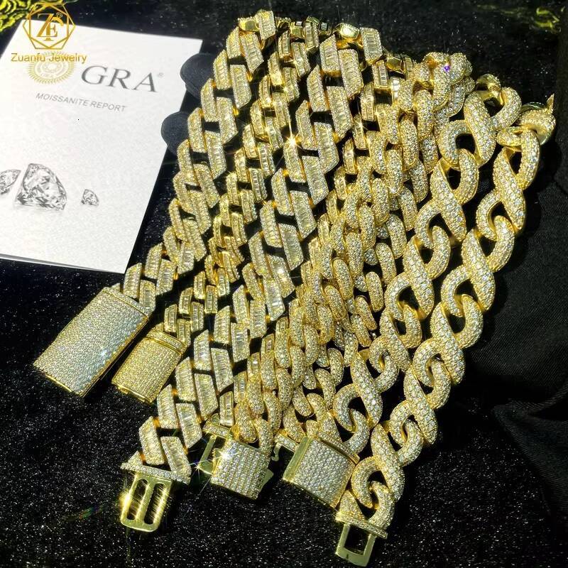 Luxury Big 20mm Hip Hop Baguette Moissanite Cuban Link Chain Gold Plated 925 Sterling Silver VVS Diamond Cuban Necklace