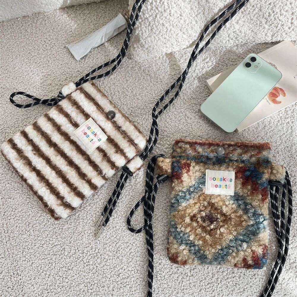 Women Crossbody Bag Striped floral Mobile Phone Cute Mini Wallets Plush Shoulder Bags 2025 Autumn Winter Coin Purse XJ260129