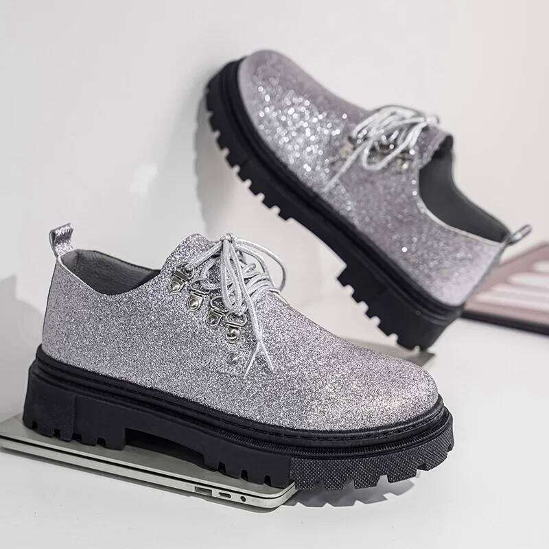 Men's Spring Autumn New Style Personalized Sequined Gold and Silver Leather Shoes Trendy Versatile Performance Short Boots Fashionable Wear-Resis