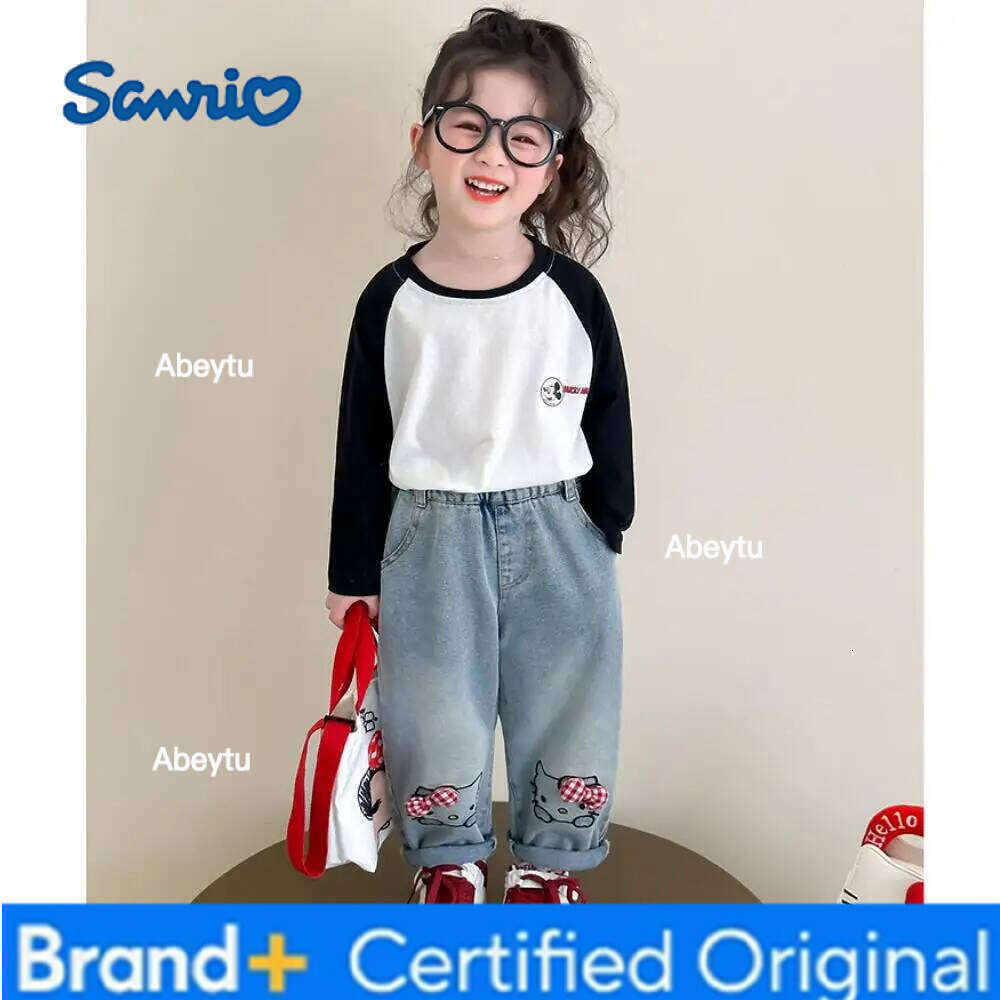 Sanrio Hello Kittys Korean Graffiti Straight Leg Wide Jeans Spring Autumn Cartoon bow Embroidery trousers Hot harem pants Girls H260206