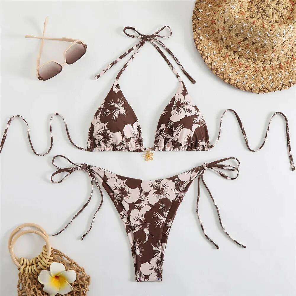 Sexy Rose Red Flower Print Micro Thong Bikini Women Swimwear 2026 String Halter Swimsuit Swimming Wear Triangle Bikinis Sets Z260206