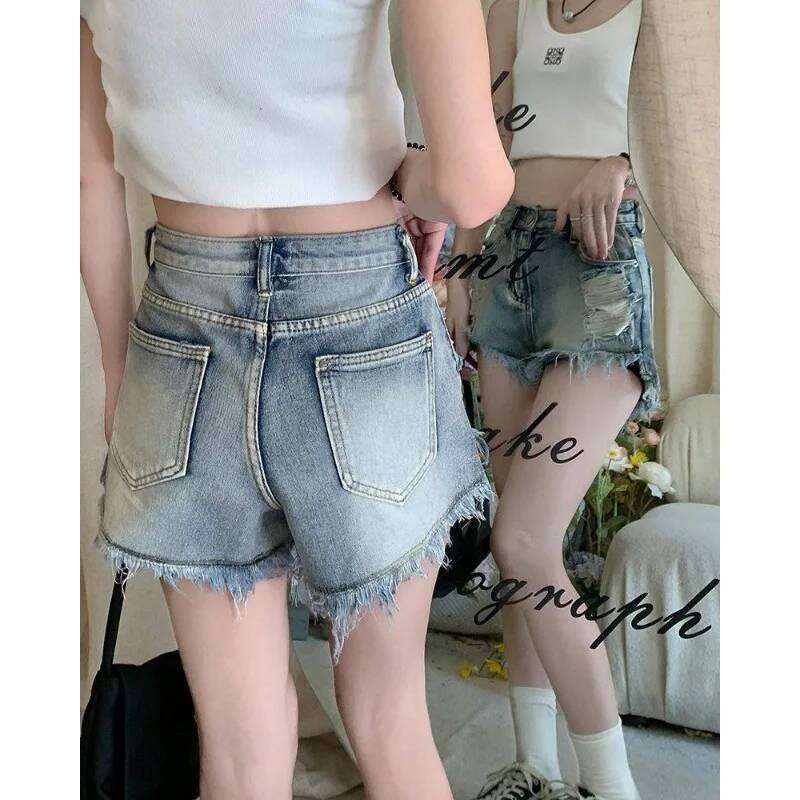 High Waist Distressed Denim Frayed Hem Slim Fit Casual Women's Jeans Shorts H260206
