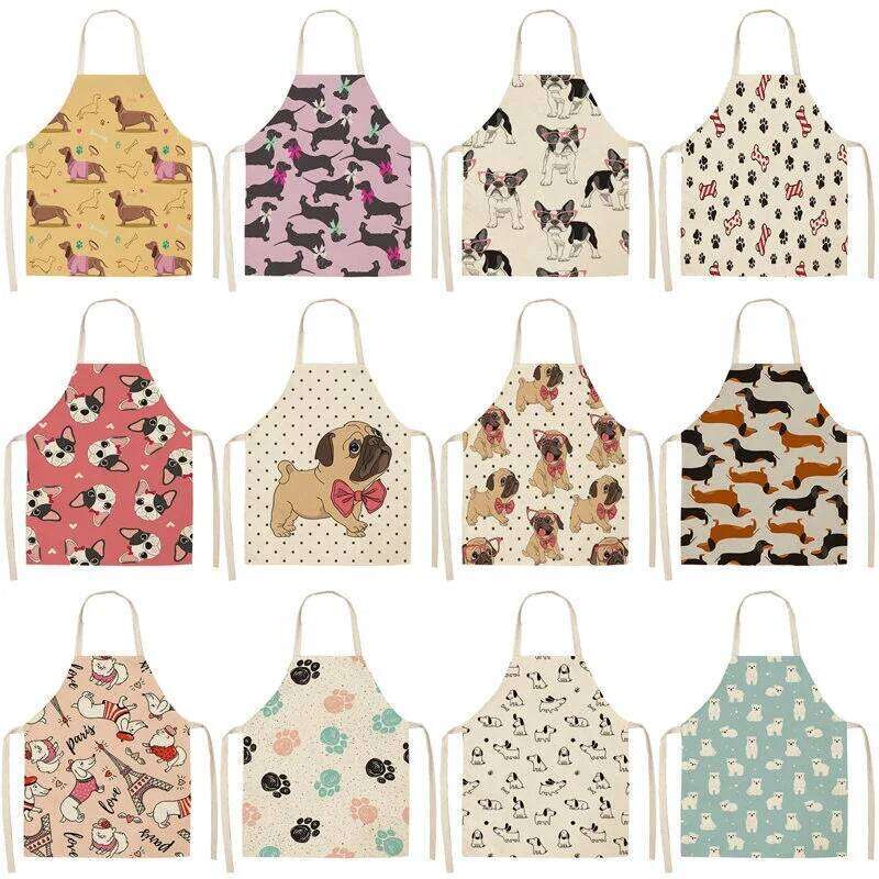Bulldog Dachshund Printed Kitchen Apron for Woman Sleeveless Cotton Linen Bib Home Cooking Baking Cleaning Tool Tablier Delantal S260205