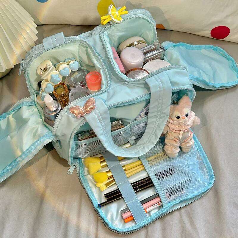 Double Wide Opening Large Capacity Fluffy Makeup Bag New Handheld High End Travel Portable Grooming and Storage Bags Practical Y260206