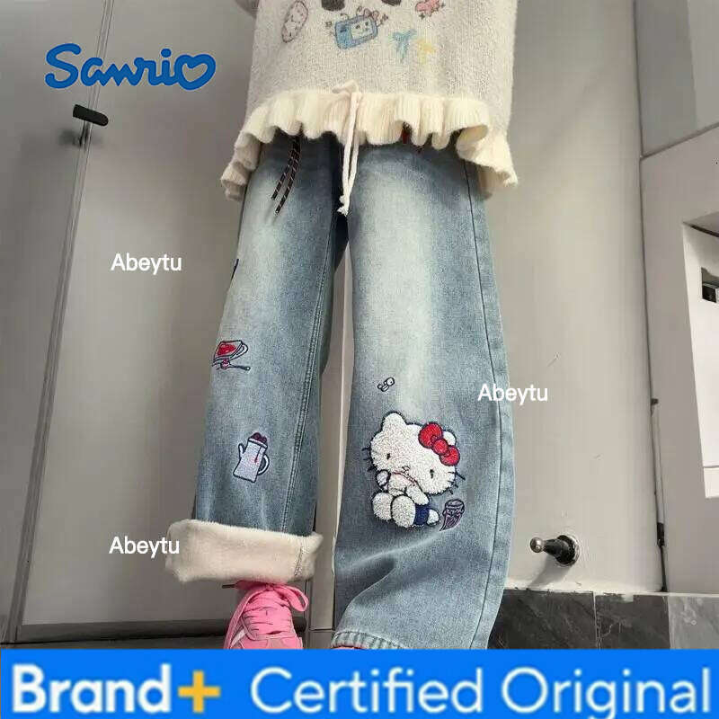 Sanrio Hello Kitty women's Embroidery Wide Leg Jeans Denim For Plus Size Retro Cartoon Style Slimming High Waist Trendy Fashion H260206