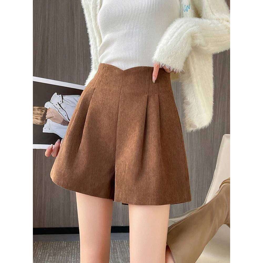 Vintage Corduroy Women Autumn Winter Office Lady Wide Leg Solid Simple All Match High Waist Retro Loose Shorts New XJ260206