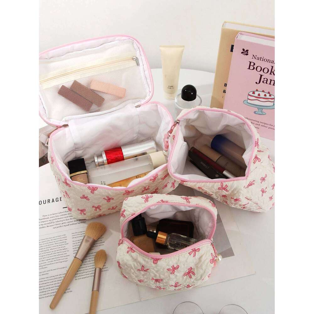 1 pc/set quilted multifunctional bow fashionable portable bag, essential makeup bag for toile Y260206