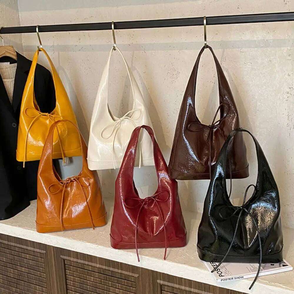 New Deisgn Oil Wax Leather Tote Large Capacity Solid Color Bow Bucket Sweet Korean Style Commuting Shoulder Bag Ladies Y260205