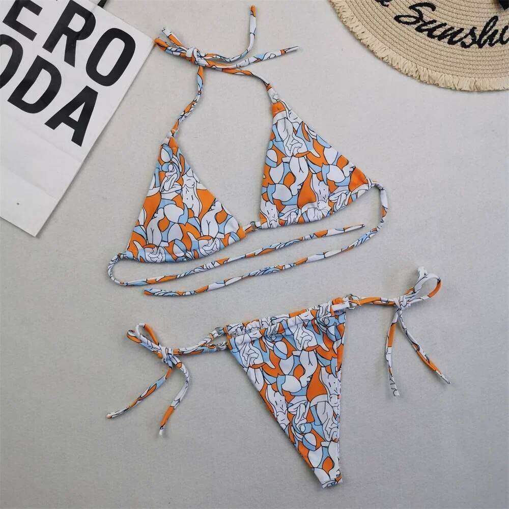 Fashion Print Bikini Thong String Sexy Triangle Swimsuit Split Vintage Swimwear Trend Women Micro Beach Bathing Suit Bikinis Set Z260206