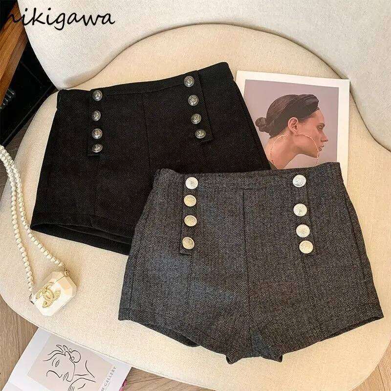 Vintage Woolen Shorts for Women High Waist Double-breasted Pants 2025 New Bottoms Temperament Thicked Pantalones Cortos De Mujer XJ260206