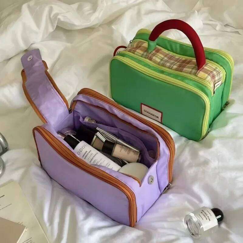 New Cute Women's Splicing Cosmetic Pouch Convenient Travel Cosmetics Storage Large Capacity Handheld Makeup Bag Y260206