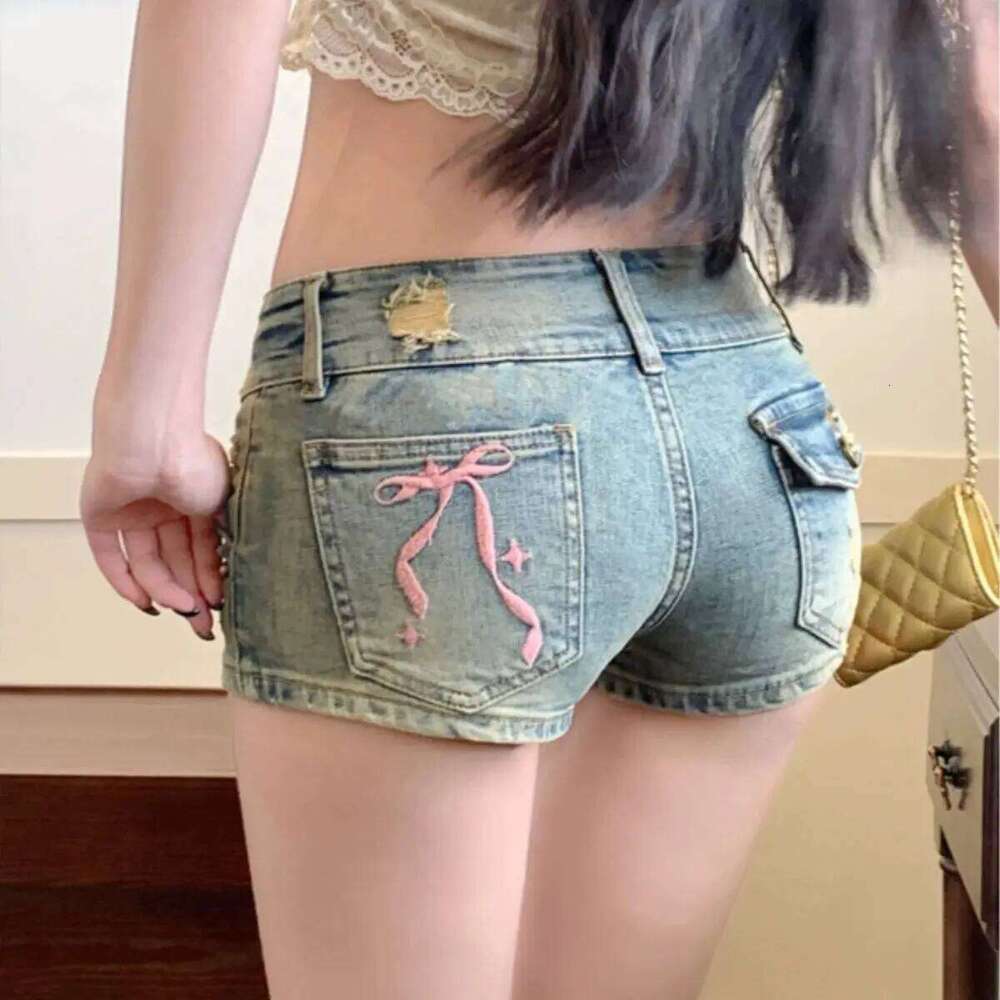 Cute Bow Embroidery Low Waist Jeans Women's Summer 2025 New Slim Straight Y2k Short Shorts Feminino C260206