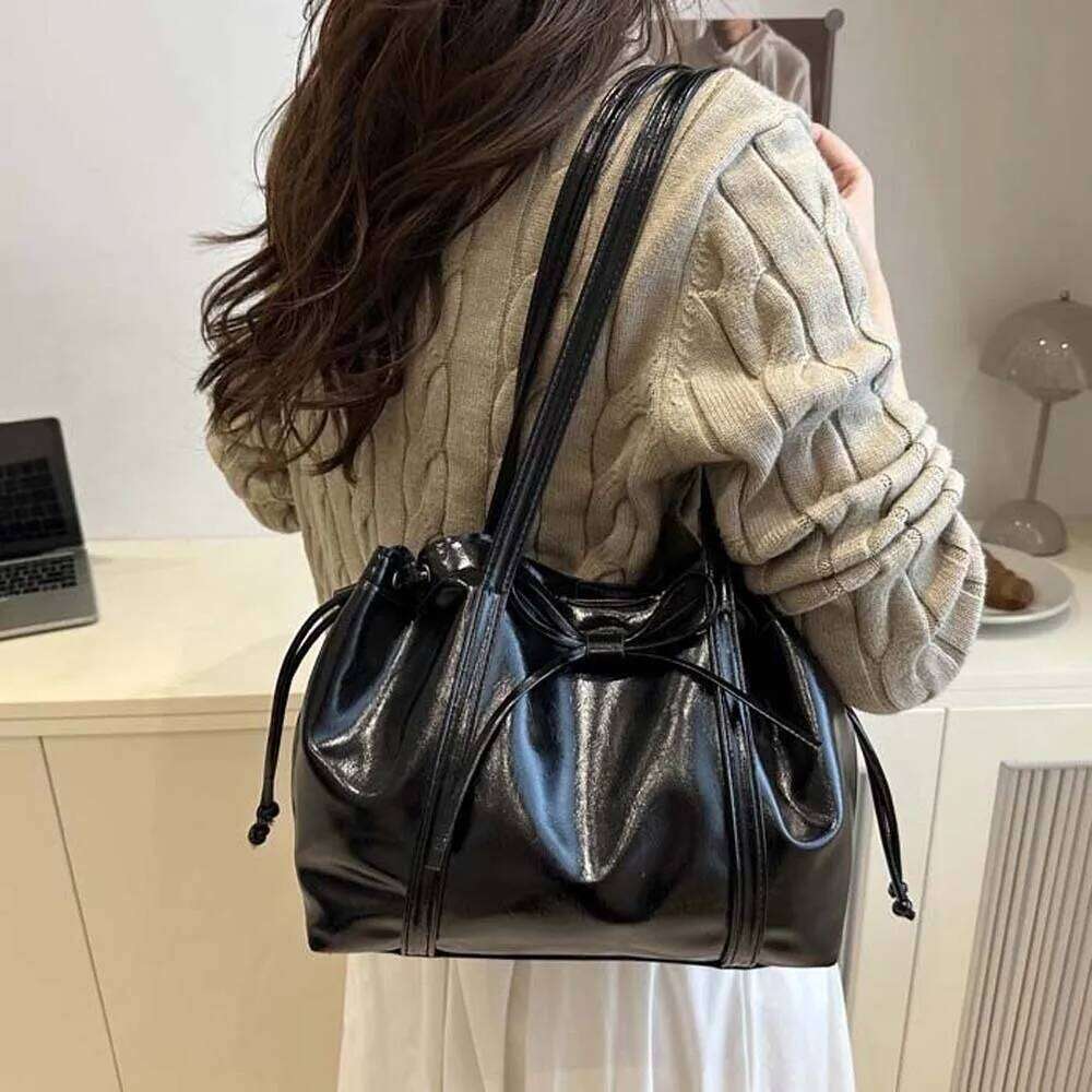 Solid Color Texture Tote Magnetic Button Large Capacity Bow PU Shoulder Bag Handbag Waterproof Lady Underarm Pouch Women Y260205