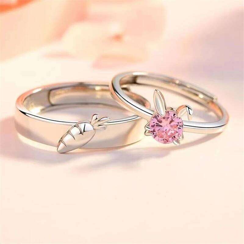 New Sweet Cute Rabbit Carrot Couples Rings White/Pink Crystal Bunny Silver Color Adjustable Open Lovers Ring For Women Gift W260206