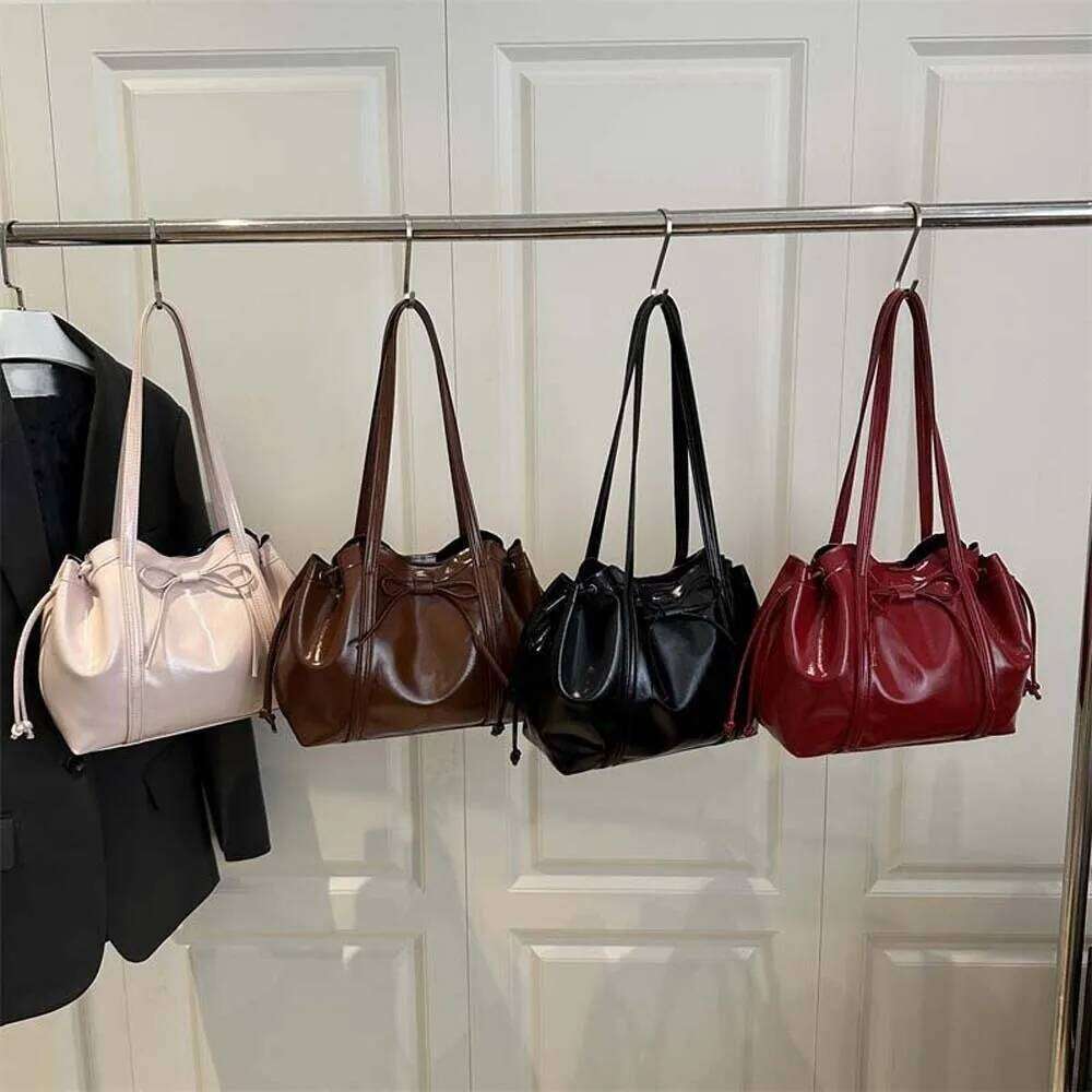 Solid Color Texture Tote Ribbon Magnetic Button Bow PU Shoulder Bag Waterproof Large Capacity Lady Underarm Pouch Women Y260205