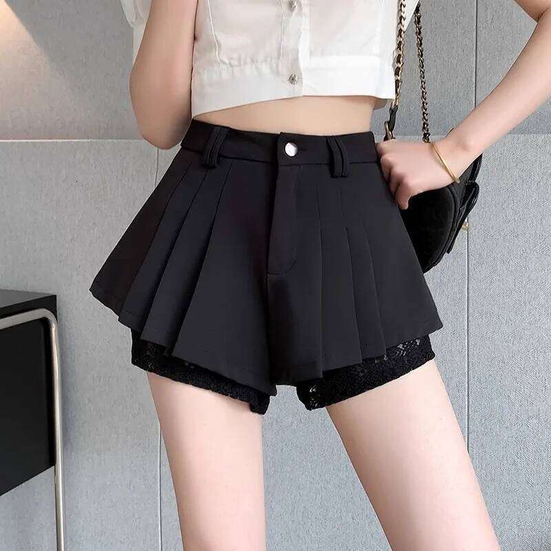 High Waist Lace Patchwork Silk Short Women's Spring Summer Thin Wide Leg Skirt Pants Casual Style Small Size Pleated XJ260206