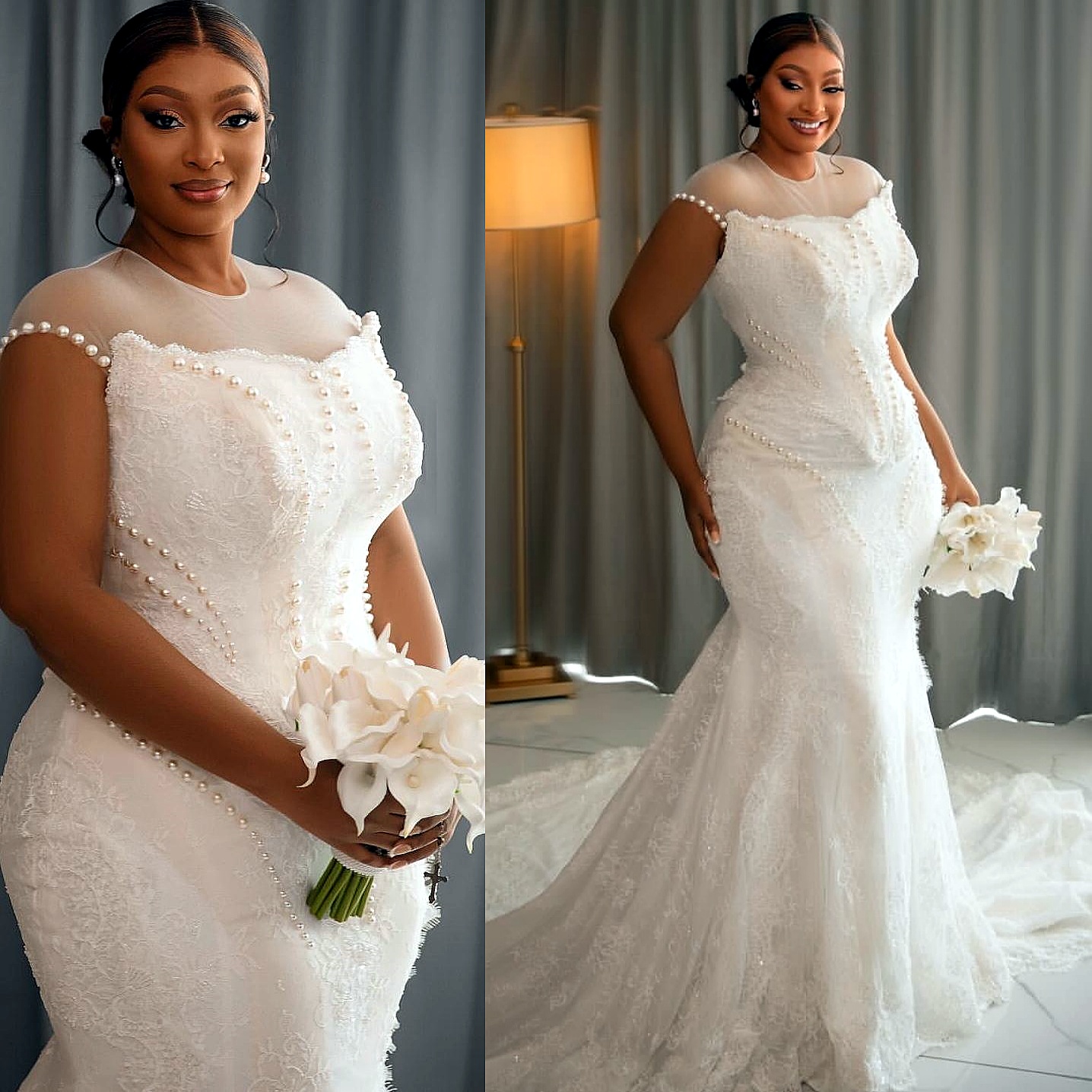 African Aso Ebi 2026 Ivory Mermaid Wedding Dress Sheer Neck Pearls Beaded Lace Sleeveless Vintage Elegant Bridal Gowns Dresses ZJ233w