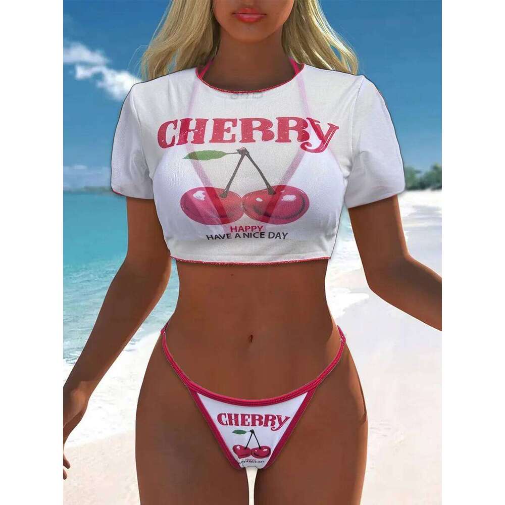 XS - L Cherry Print Short Sleeve Female Swimsuit Women Swimwear Three-pieces Bikini Set Micro Bathing Suit Swim Beachwear XJ260206