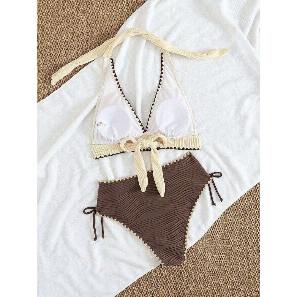 Sexy Khaki Patchwork Two Piece Bikini Set 2026 Women Push Up Drawstring Side High Waist Swimsuit Holiday Bathing Suit Swimwear Z260206