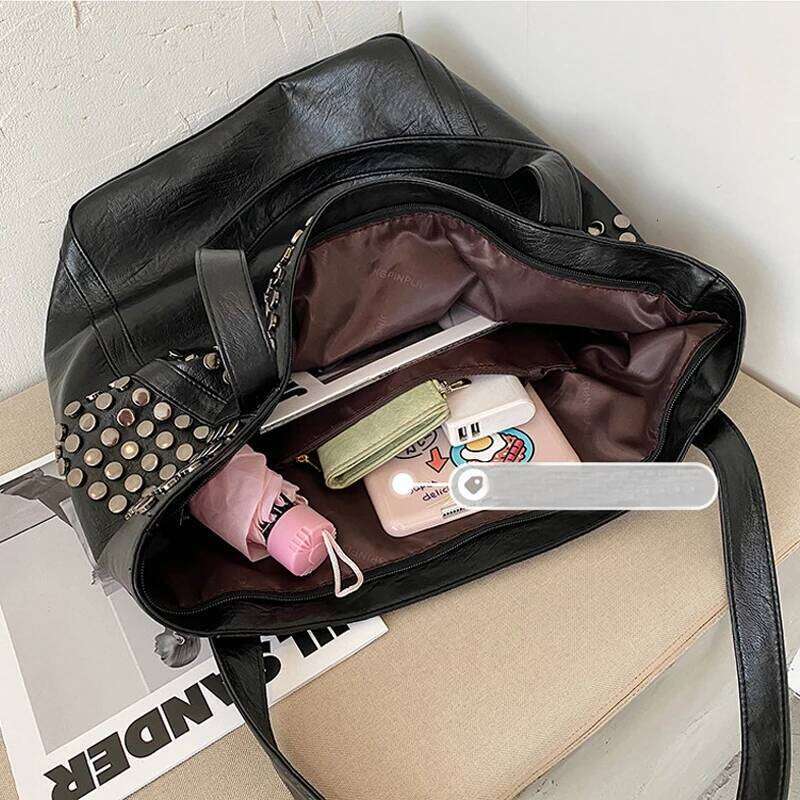 SHELKSBAG 2025 New in Fashion Women's Tote Bags Black Studded Faux Leather Handbags Ladies Large Capacity Foldable Shoulder Bag Y260205