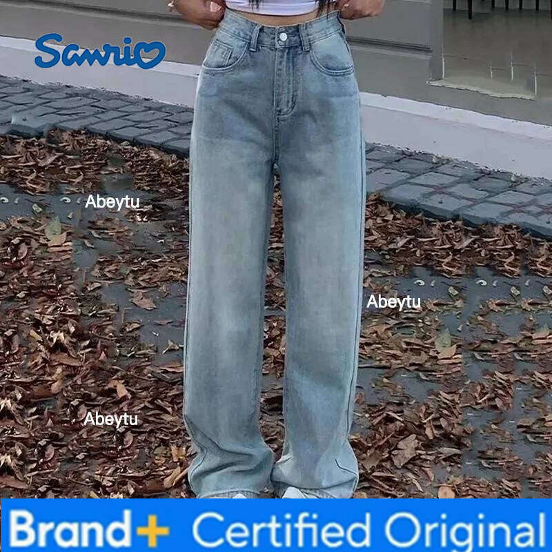 Sanrio Hello Kitty Kuromi Cartoon Pure Cotton Jeans Girl High Waist Fashion Leisure Graffiti Loose Retro Wide-Leg Pants Birthday Gift H260206