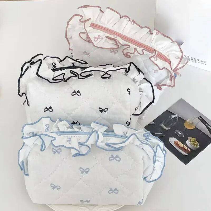 Women Lace Bow Makeup Portable Cosmetic Cute Travel Storage Bag Large Capacity Toiletry Pouch Female Handbag Y260206