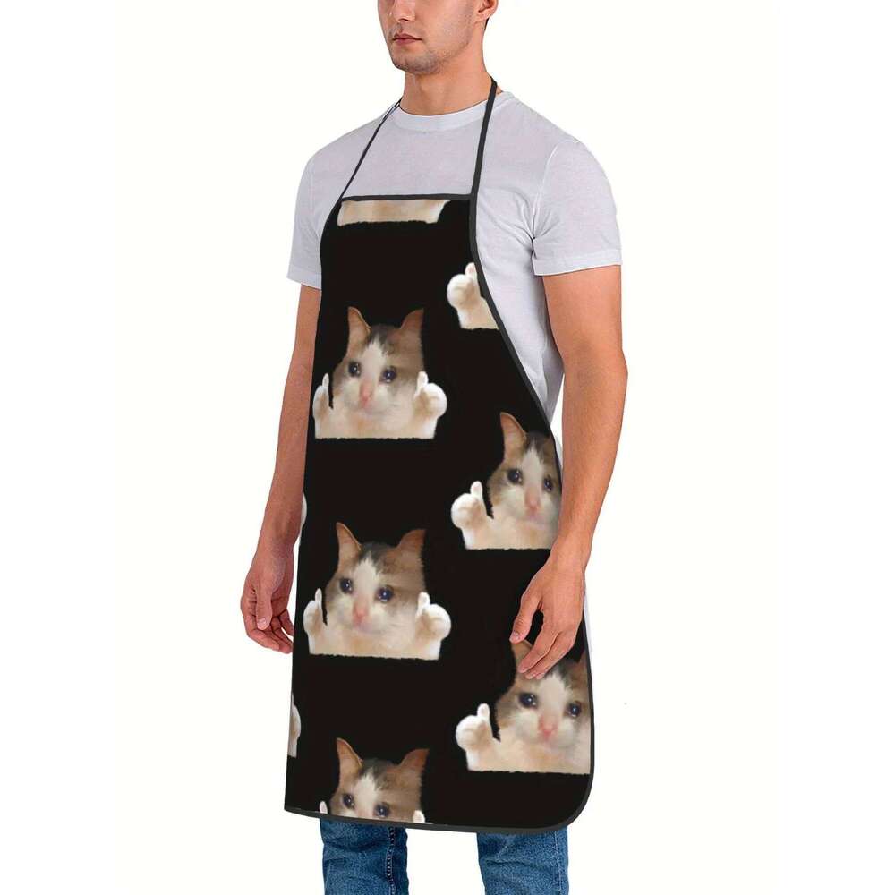 Funny Crying Cat Kitchen Apron with Cute Ginger Tabby Chef Hat, Easy-Clean for Cooking, Baking Home Aprons S260205