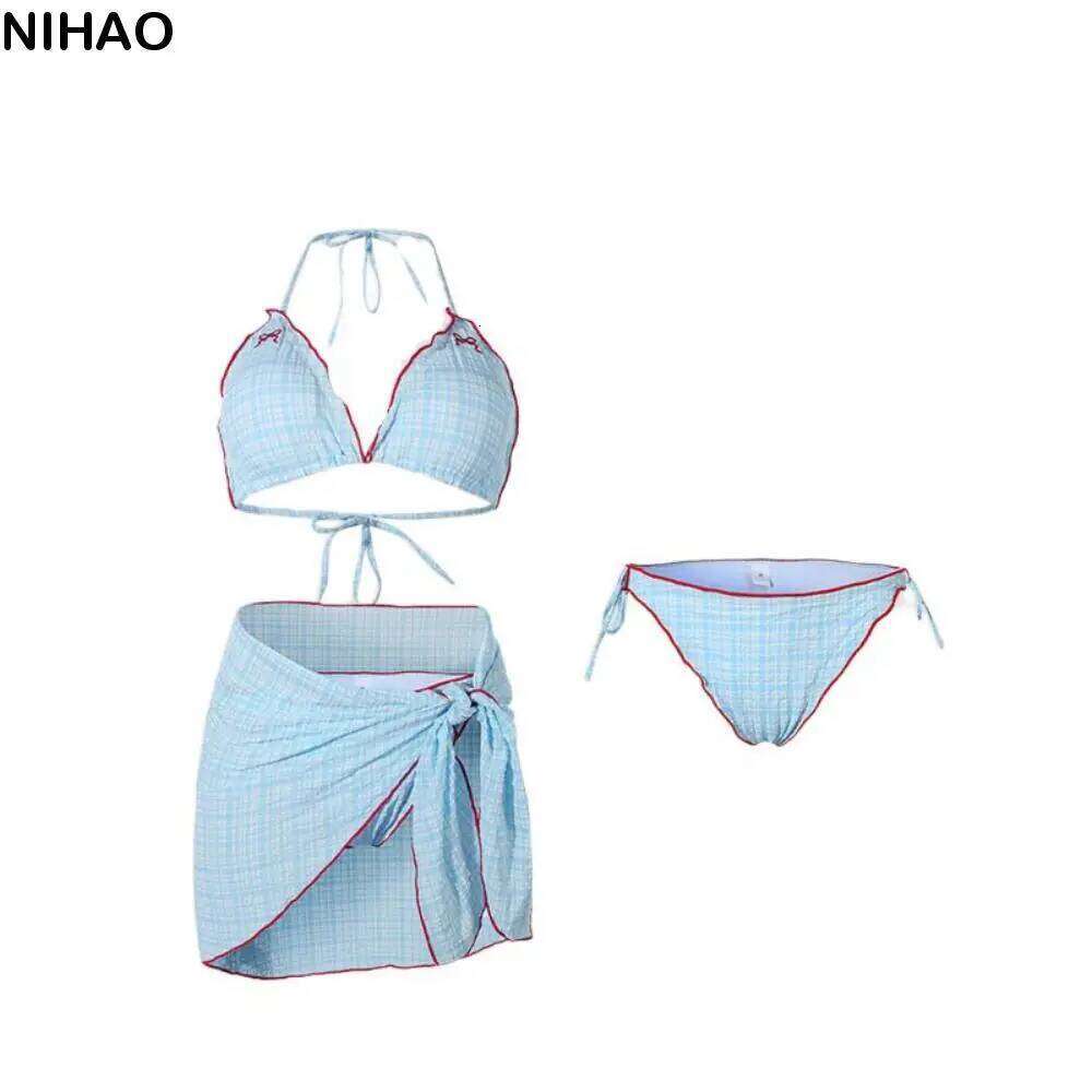 Ins Bowknot Grid Sleeveless Swimsuit Pleated Lace Up Bikini Bathing Suit Slim Fit Deep-V Three Pieces Swimwear Set Vacation Z260206