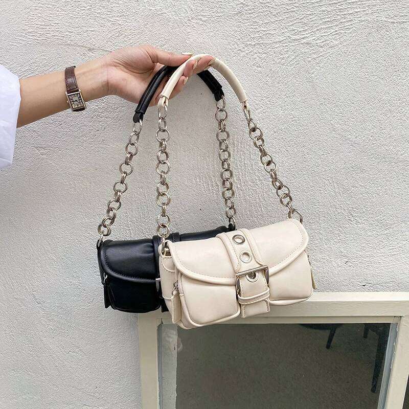 Retro Women's Chain Small Shoulder Solid Color PU Leather Ladies Underarm Bags Fashion Female Armpit Bag Tote Purse Handbags Y260205