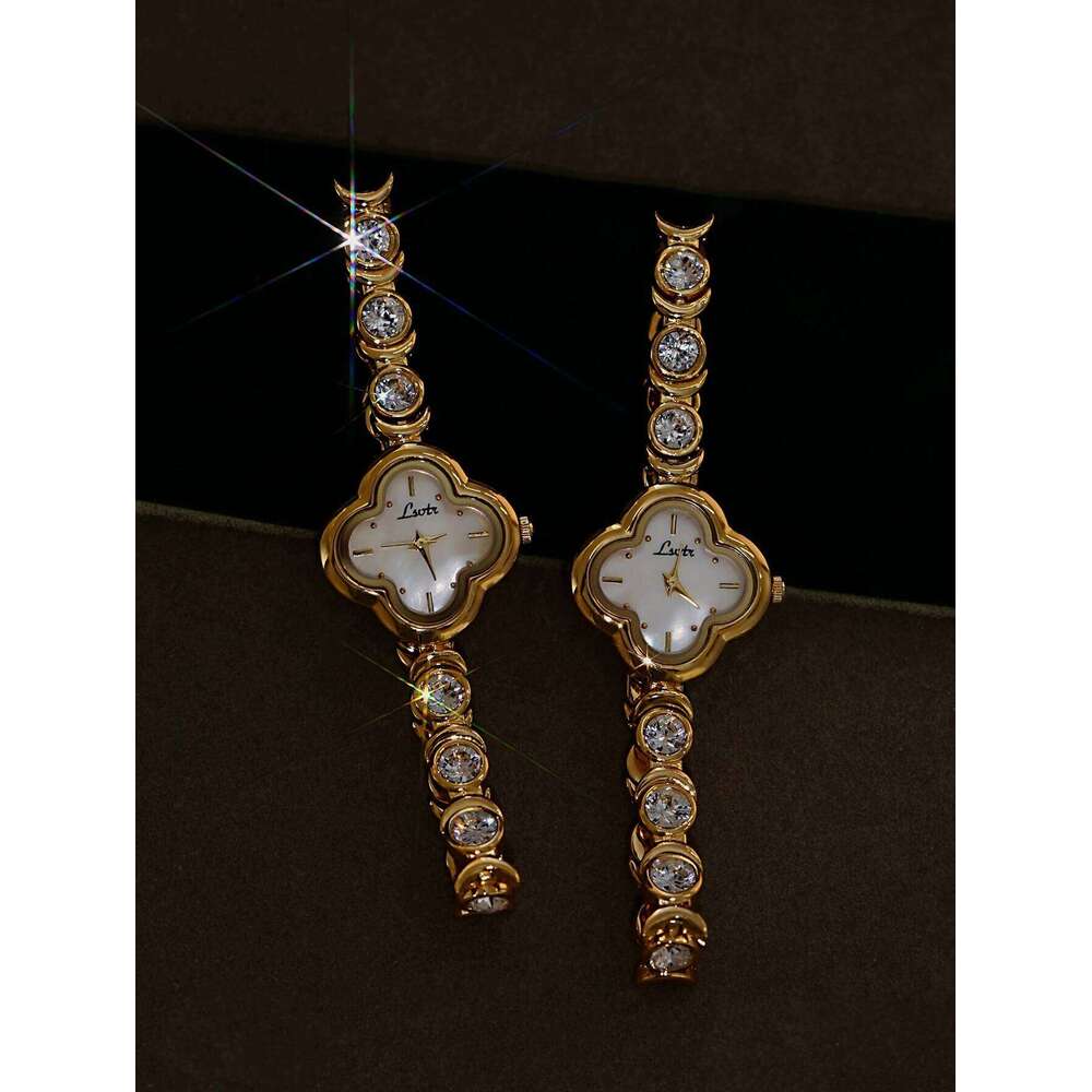 1 Piece of New High-End French Luxury Fashion Inlaid Clover Shape Surface 30m Waterproof Quartz Rhinestone Mother-Of-Pearl Dial Gorgeous Romantic Z260