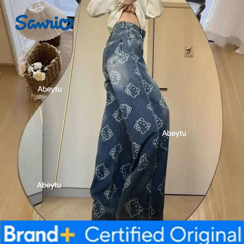 Sanrio Hello Kitty Y2K Quality Printed Jeans for Women Spring Summer Cute Cartoon Design High Waist Loose Sweet Pants Korean Style H260206
