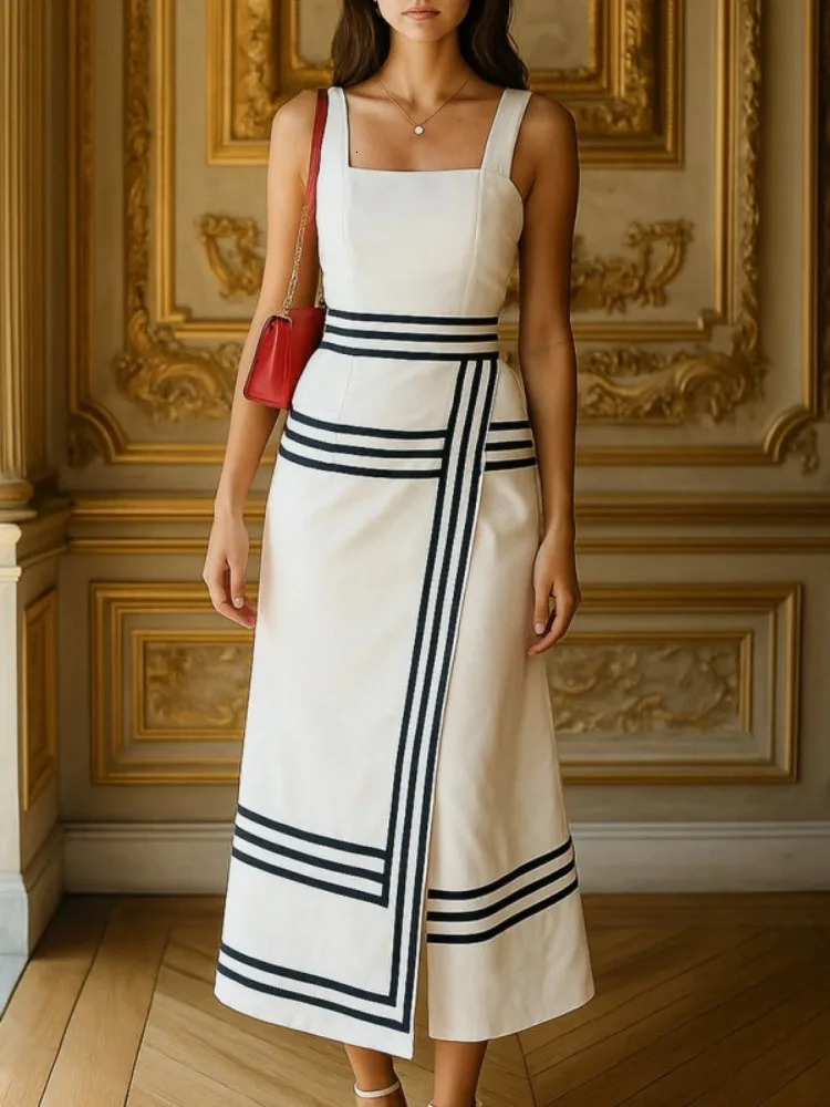 Freeacy Womens Retro Elegant Aline Dress Square Neck Sleeveless Black Stripe Trim WaistCinched Split SemiFormal Midi 260127