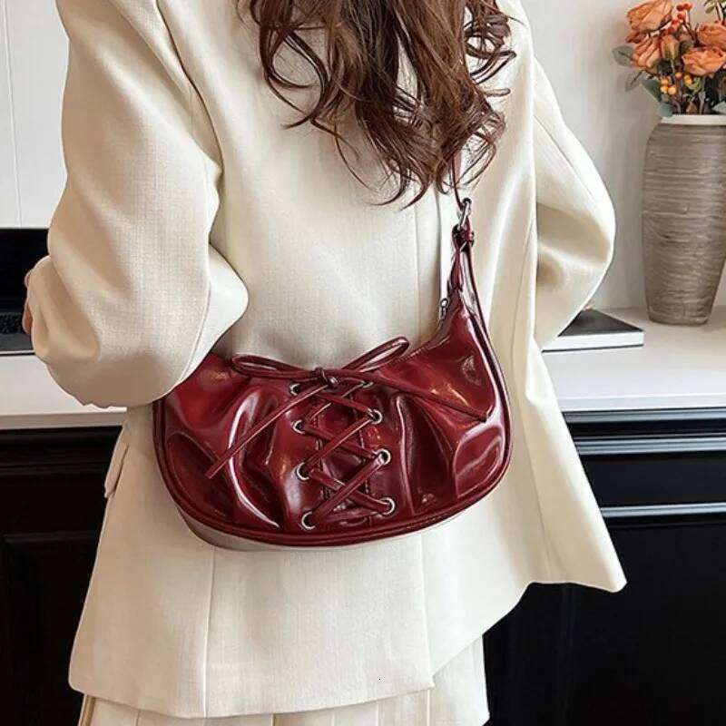 Cute Y2k Womens Shoulder Bags Retro Underarm Shiny Surface Fashion Elegant Sweet Lolita Designer Bag Bow Female Handbag Y260205