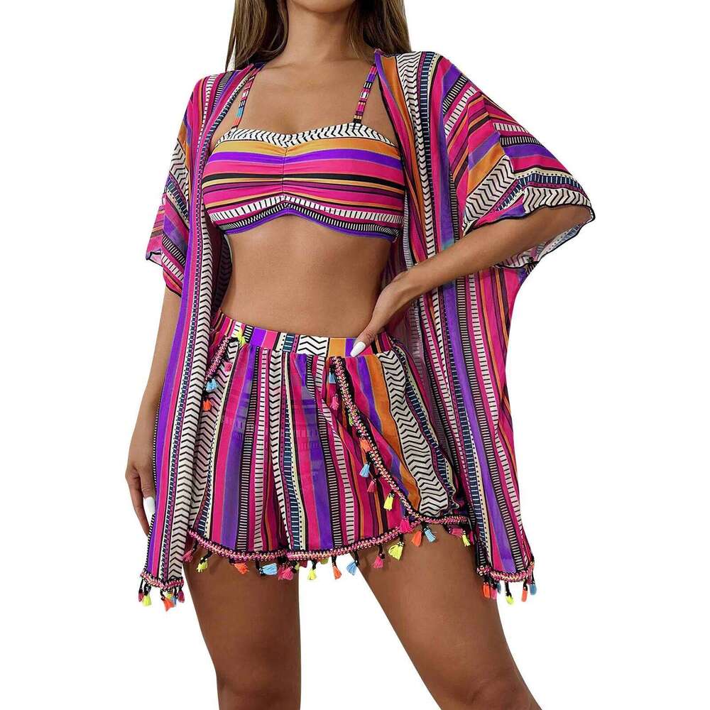 4 Pieces High Waisted Bikini Shorts 2025 Women With Kimono Beach Wear Striped Print Swimsuit Sexy Swimwear Female Bathing Suits XJ260206