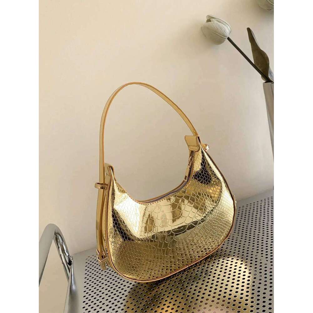 Metallic Snakeskin Hobo Solid Color Crocodile Embossed Shoulder Bag, Trendy Simple Underarm Bag Handbags For Women Y260205
