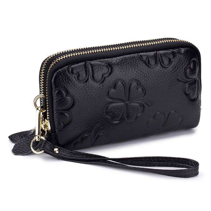 Real Leather Women Long Wallet Ladies Double Zipper Coin Purse Four-Leaf Clover Card Holder Female Cute Money Bag Luxury Clutch Y260206