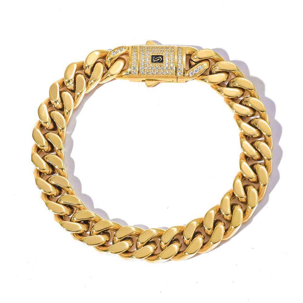 Hip hop Cuban Bracelet Men's Stainless Steel Smooth Diamond Plated 14K Gold Luxury Women's Jewelry Festival Gift 26H0206
