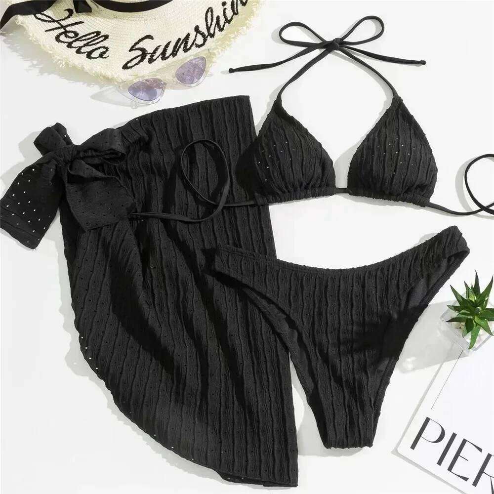 White Swimwear with Cover Up Halter Micro Thong 3 Piece Bikini Set Women Textured Swimsuit String Bathing Suit Bikinis Beachwear Z260206