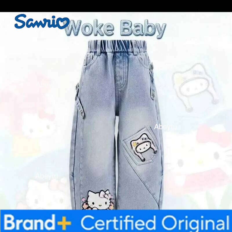 Sanrio Hello Kitty Girls Jeans Straight Wide Leg Loose Fit Fleece-Lined Warm Spring Autumn Winter Sweet Kawaii Kids Denim Pants H260206