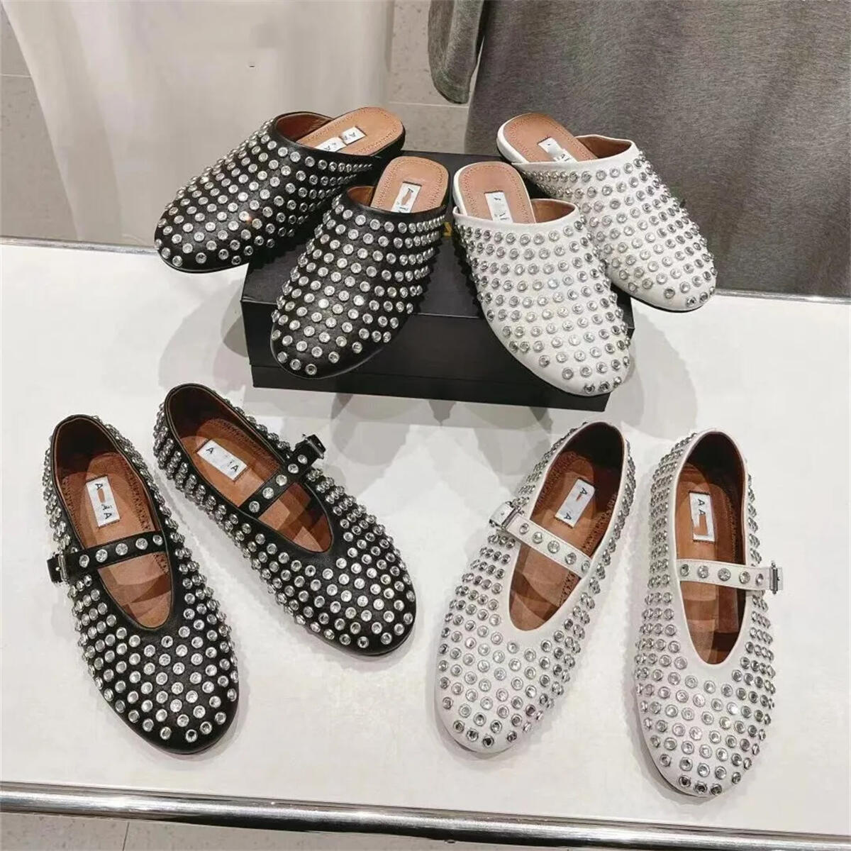 Alaialy Designer Ballet Flat Shoes Women Mary Jane shoes Women Loafers luxury sandals sliver Patent Leather Dress shoes Casual slide rhinestone slipper Ballerina