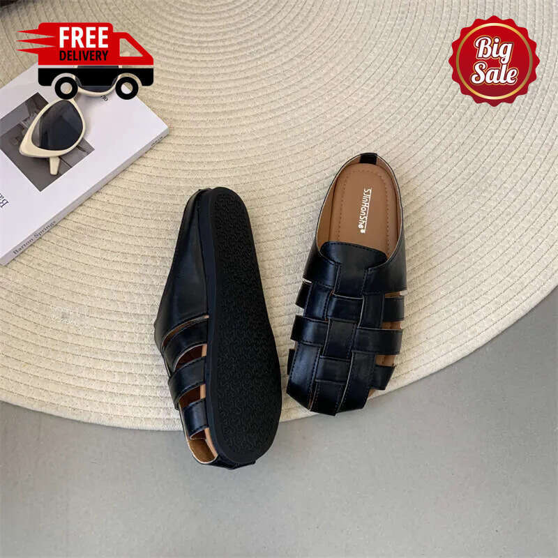 Closed-Toe Half Slippers for Women Summer New Style Woven Hollow Thick-Soled Slip-On Lazy Mules Daily Outfit