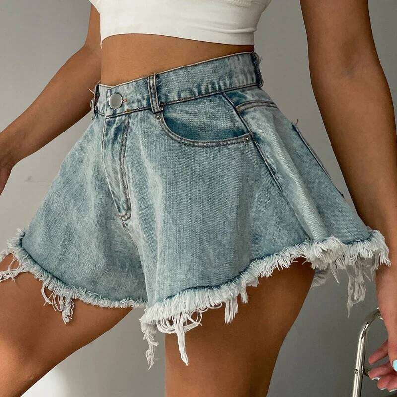 Jean Women Fashion Casual Denim Shorts with Pocket Tassel High Waist Loose Trendy Half Pants Streetwear 2025 Summer New C260206