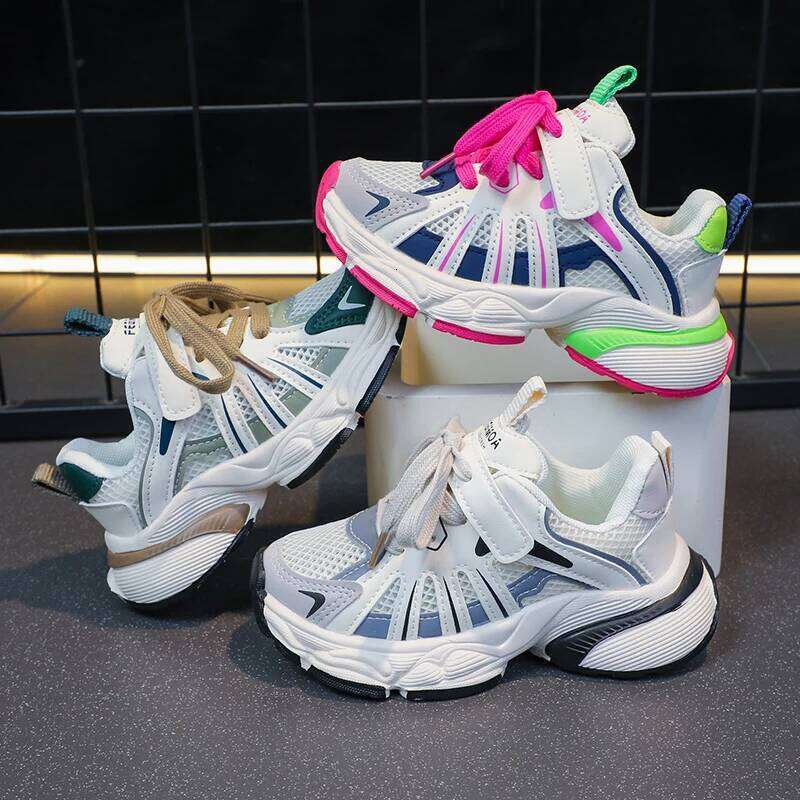 Girl's Color Block Mesh Breathable Chunky Shoes Comfy Non Slip Lace Up Durable Sneakers For Kid's Outdoor Activities 26Y0206