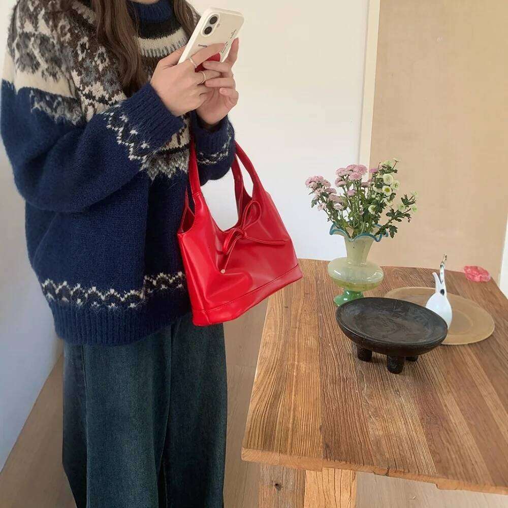 New Year Red Retro Bow Commuter Handbag Women's Autumn Winter Large Capacity Crossbody Underarm Bag Christmas Versatile Y260205