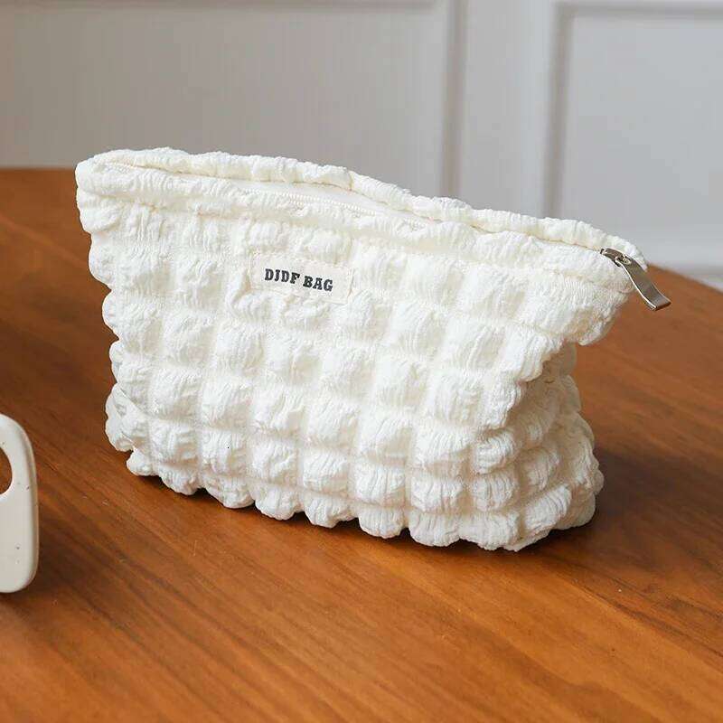 Beige Soft Cloud Bubble Women's Makeup Double Canvas Portable Cosmetics Storage Large Capacity Zipper Toiletry Bag Y260206