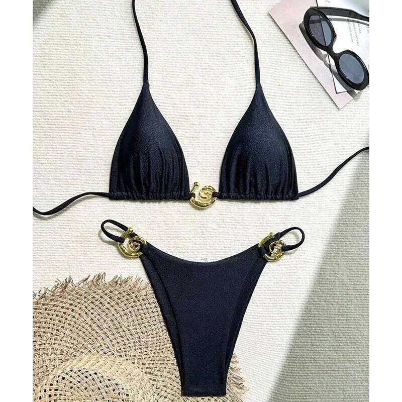 Metal Micro Swimwear Women Sexy Lace Up Triangle Halter High Cut Thong Bikini 2025 New Beach Bathing Suit 2 Piece Set Z260206